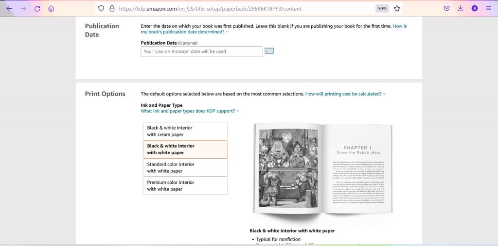 KDP paperback Print Options screen showing ink and paper choices