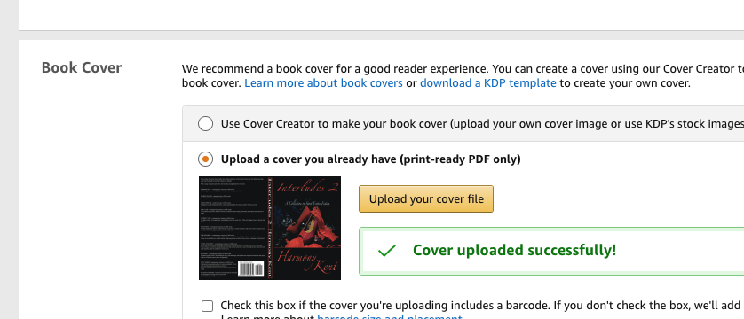 KDP cover upload area showing a successful cover upload